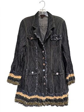 VTG Simon Chang Black Crinkled Long Blazer Jacket with Tan and Olive Trim